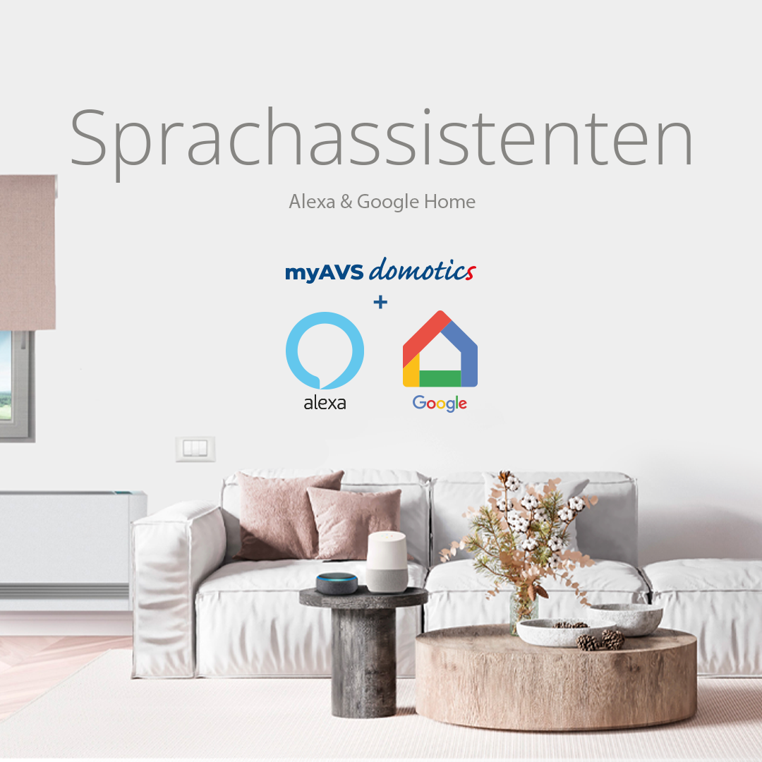 Smart Home Module von myAVSdomotics sind kompatibel mit den Sprachassistenten Alexa und Google Home Header-Motiv für Tablets zum Thema Smart Home. Hier: Wohnzimmer mit Smartphone und den Sprachassistenten Alexa und Google Home